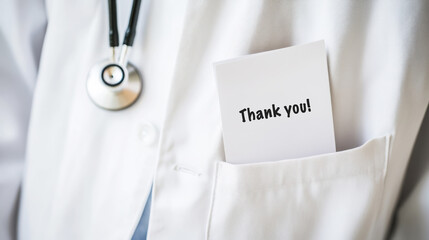 Gratitude in healthcare: doctor's white coat with thank you card for appreciation and acknowledgment