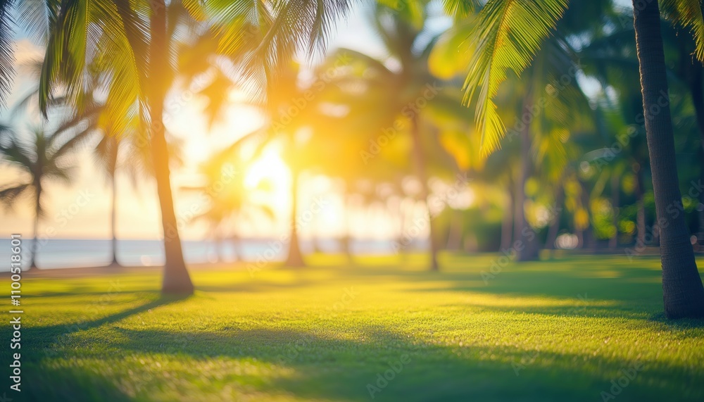 Poster sunny time at the beach: green park with blurred nature bokeh and coconut trees in a tropical settin