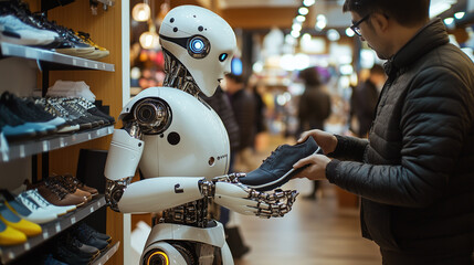 Humanoid robot is working as a shoe salesman, assisting a customer in choosing footwear in a retail store, showcasing the future of retail and customer service