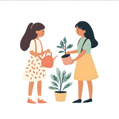 This is a flat illustration depicting two girls chatting while watering a plant using simple vector graphics with no shadows and very little detail