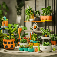 An engaging image showcasing various 3Dprinted items for gardening In the foreground theres a collection of uniquely designed planters and pots some with builtin selfw