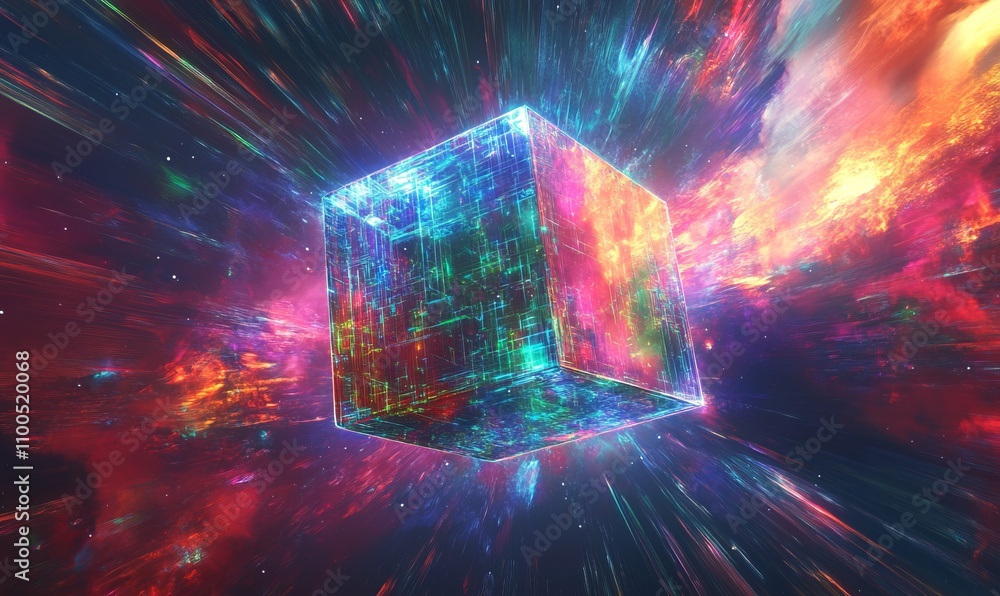 Poster an abstract composition featuring a holographic cube floating in space, with shimmering, prismatic e