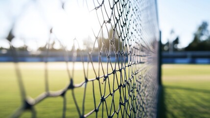 A cricket practice net with a focus on the netting and pitch area, outdoor setting with clear sky, Modern style