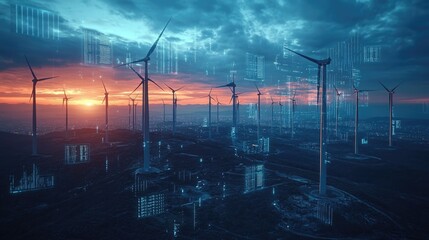  futuristic wind turbines farm or wind power plant with Scada system computer screen monitoring at operations controller room for operator engineer teamwork.