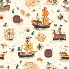Sewing fabric with Pirate Treasure Map Seamless Pattern Design - CottonBee