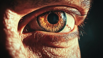 Close up eye illustration shows watchful eye. Big brother concept from 1984 novel. Vintage style graphic art. Man eye stares intensely. Totalitarian regime theme. Eye watches closely. Intense gaze