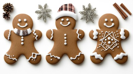 Three adorable gingerbread men dressed in Christmas-themed accessories, perfect for holiday decorations and seasonal festivities