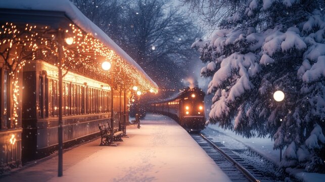 A cozy train station blanketed in snow, adorned with lights, as a train approaches.