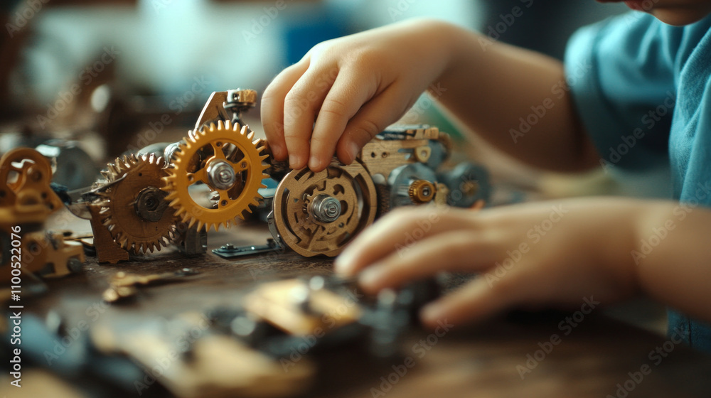 Poster child engaged in assembling small motor components with focus and concentration in a creative worksp