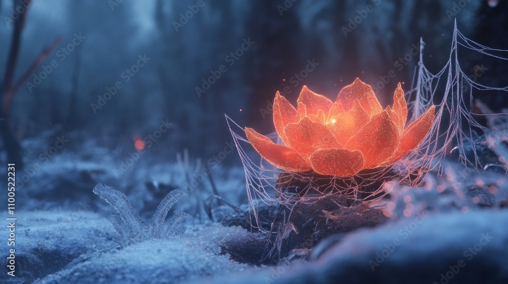 Poster a glowing lotus flower surrounded by frost and webs in a mystical forest setting.