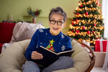 Photo of positive cheerful woman enjoy xmas holidays free time weekend read book cozy atmosphere new year decor indoors