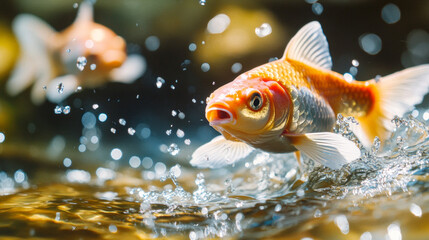 Fototapeta premium Fish splash joyfully in a shallow stream showcasing vibrant scales in a natural aquatic environment