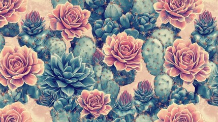 A captivating floral arrangement featuring succulents and roses in muted pink and teal hues. The botanical print exudes a serene and elegant vibe.