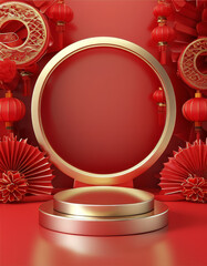 Lunar New Year, Chinese red background mock up podium stage, happy new year gold lunar luxury stand pedestal, modern maroo display background, ad, podium platform, product presentation space