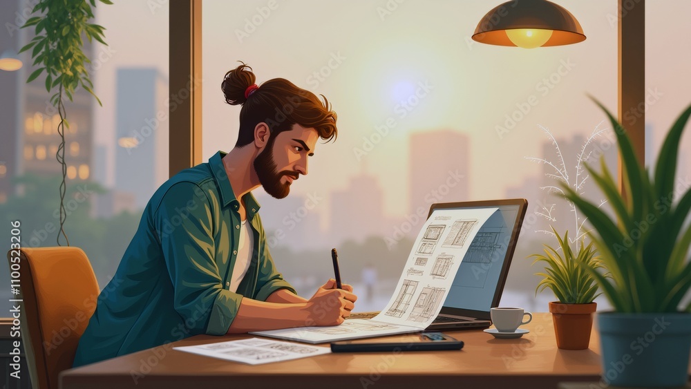 Poster the image shows a young man sitting at a desk in front of a large window with a view of a city skyli