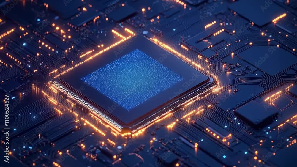 Poster Future processor chip on circuit board. Artificial intelligence and machine learning concept. IT industry, digital technology. Tech 3D background animation. Neural networks. Computer motherboard