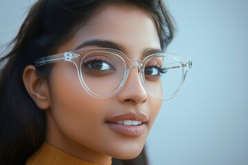 Fototapeta premium Young Indian woman with clear eyeglasses smiles. Attractive female model poses thoughtfully. Casual trendy attire. Close-up portrait. Happy expression. Indian lifestyle concept. Stylish eyewear.