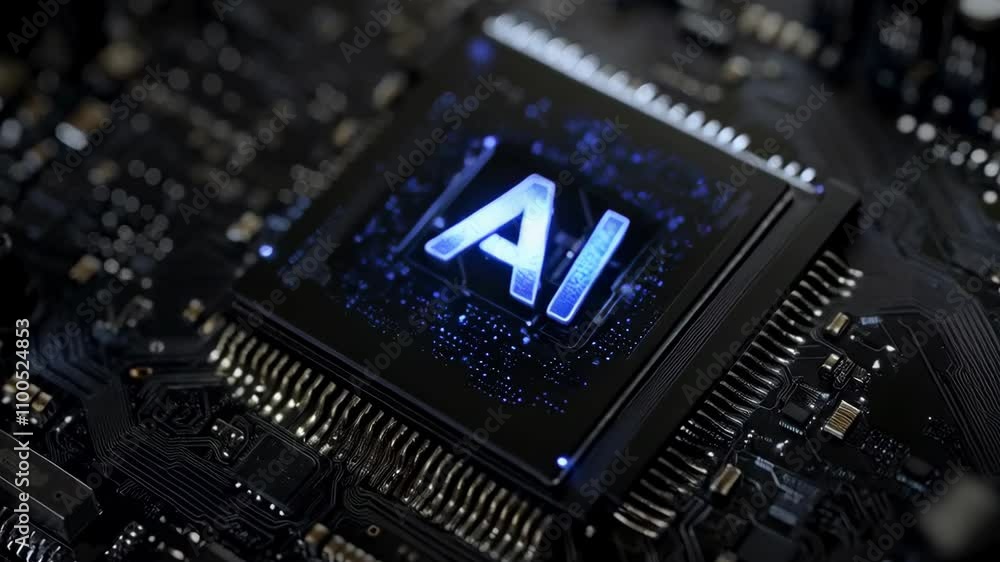Poster Future AI processor chip on circuit board. Artificial intelligence and machine learning concept. IT industry, digital technology. Tech 3D background animation. Neural networks. Computer motherboard