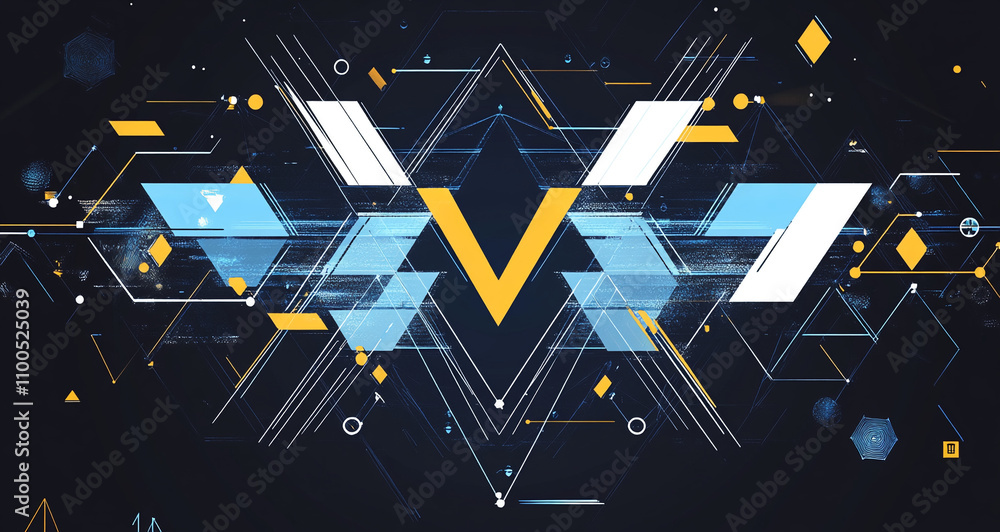 Poster visual representation of modern technology with geometric shapes and vibrant colors set against a da