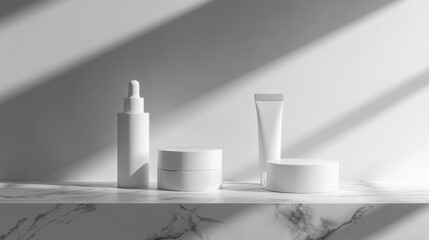Minimalist skincare products arranged on a marble shelf with soft natural lighting