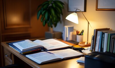 Organized Study Setup with Textbooks on Desk