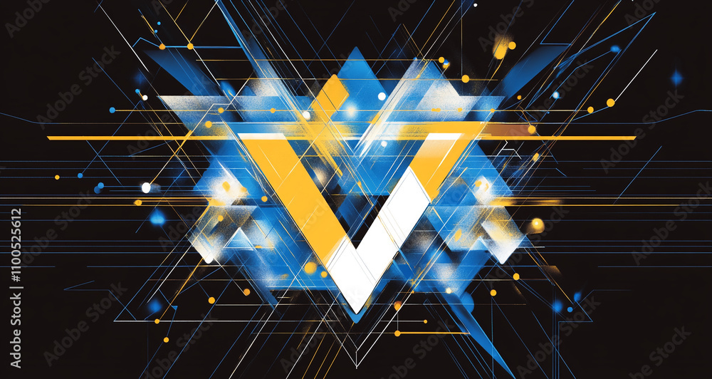 Poster abstract geometric design featuring blue and yellow shapes with dynamic energy on a black background