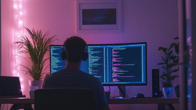 Developer codes AI algorithms in a modern workspace with ambient lighting and dual monitors