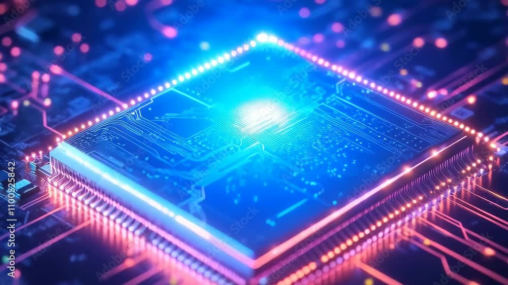 Poster Future processor chip on circuit board. Artificial intelligence and machine learning concept. IT industry, digital technology. Tech 3D background animation. Neural networks. Computer motherboard