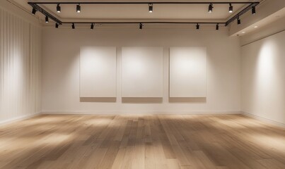 Obraz premium Clean white wall in a modern room, with track lighting and wooden floors, ready for artwork or design elements. The space is minimalist and open