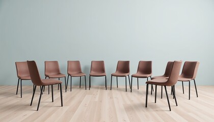 Obraz premium Minimalist group therapy setup with a circle of brown chairs on light wooden flooring, pastel blue wall background, ideal for discussions or support sessions
