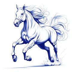 Obraz premium A dynamic blue illustration of a running horse with flowing mane and splashing hooves.