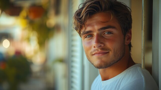 Handsome man standing by open door in sunny rustic home, casual summer vibe, relaxed lifestyle, welcoming smile, countryside interior, natural warmth, cozy atmosphere.