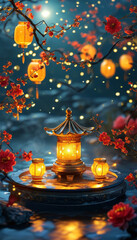 Obraz premium Lunar New Year Golden Lantern Podium, round podium surrounded by golden Lunar New Year lanterns, midnight garden, cherry blossom, red peonies, moonlight, ad, podium platform, product presentation