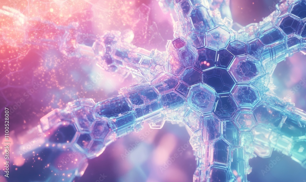 Poster digital illustration of molecular structures with hexagonal patterns and futuristic elements