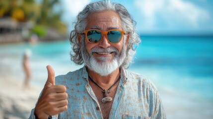 Elderly man with sunglasses at tropical beach, happy expression, white beard, thumbs up, sunny day, ocean view, vacation vibes, relaxed atmosphere, joyful mood.