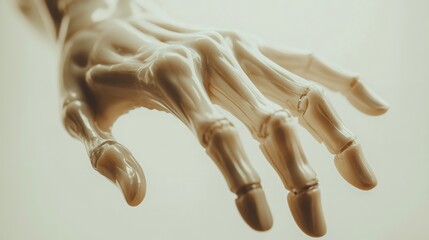 Close-up of a lightweight prosthetic hand showcasing intricate joint design, realistic structure, and advanced materials, emphasizing functionality and precision in a modern medical device.