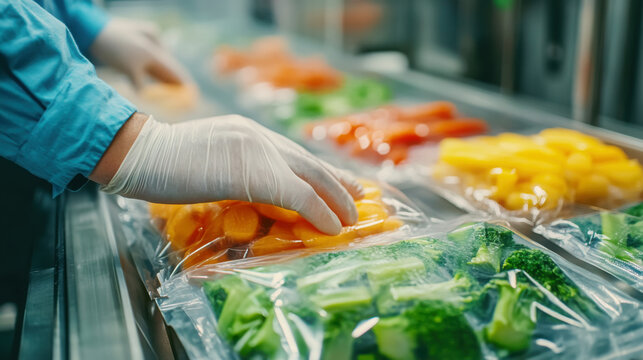 Worker handling frozen vegetables in food packaging process for fresh produce preservation