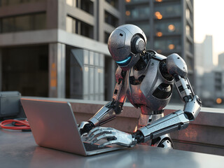 A glittery mechanical humanoid in a matte style with ambient lighting in a urban rooftop, showing a person working.