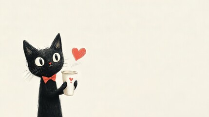 Obraz premium A black cat with a red bow tie holding a cup of coffee and a red heart on a white background