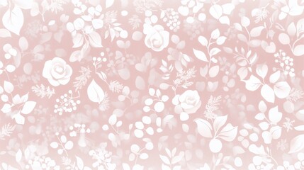 Soft floral pattern background with roses and greenery in light pastel tones with copy space