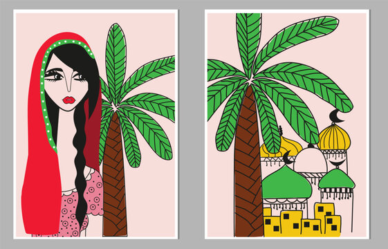 Egyptian farmer woman , Egyptian house, creative freehand composition in contemporary abstract style with colorful geometric elements. Tempura design for print, canvas, poster