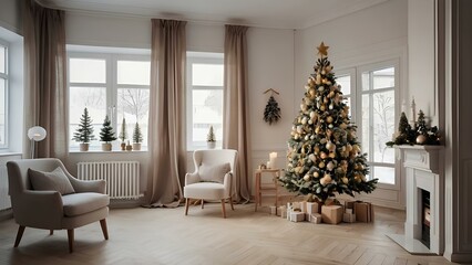 Modern living room with christmas tree