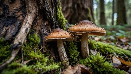 Mushrooms Nestled at the Foot of an Ancient Tree in Extreme Close-Up