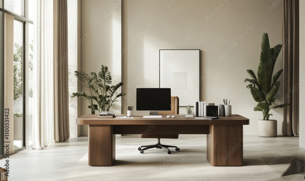 Poster minimalist home office with a desktop computer and decor on a wooden desk. modern workspace setup in