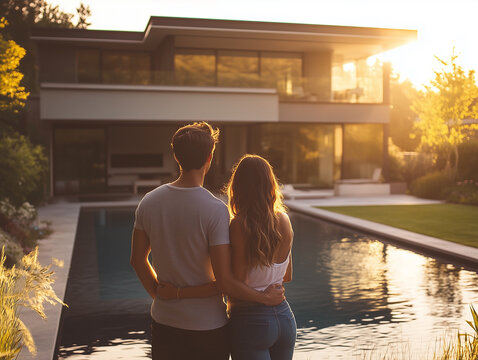 Couple enjoys a sunset view by the poolside in a modern home surrounded by nature