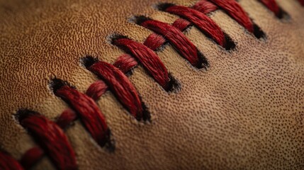 A detailed view of a baseball stitching with a focus on the red threads and leather texture, outdoor setting on a baseball field, Vintage style