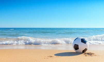 Obraz premium Soccer ball on the beach with waves in the background under clear blue sky. Concept of beach sports and leisure