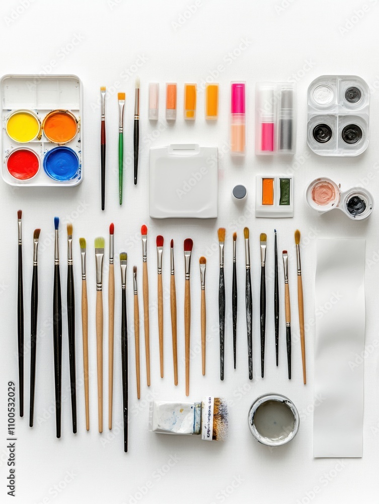 Poster a collection of colorful art supplies arranged neatly, showcasing brushes, paints, and various tools