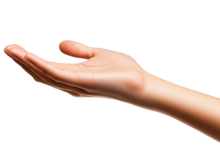 Open hand gesture for offering or greeting in a neutral setting with a transparent background