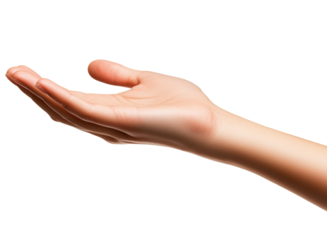 Open hand gesture for offering or greeting in a neutral setting with a transparent background